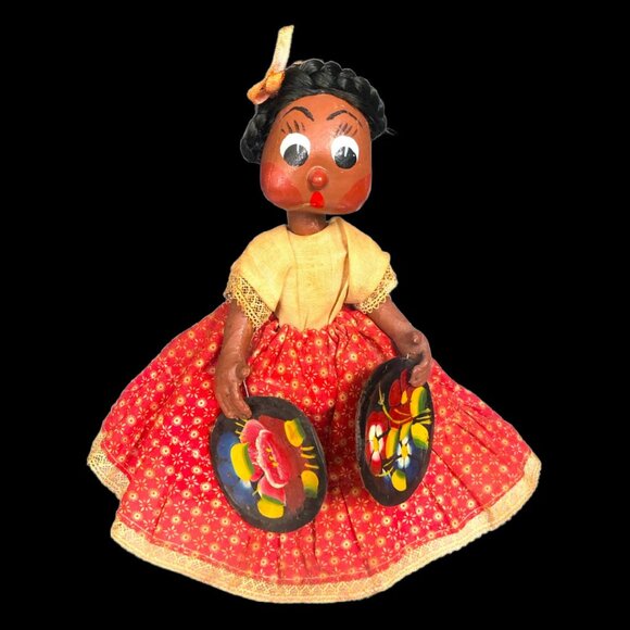 VINTAGE Handmade Mexican Folk Art Paper Mache Fabric Leather Collector Doll 10" - Picture 6 of 6